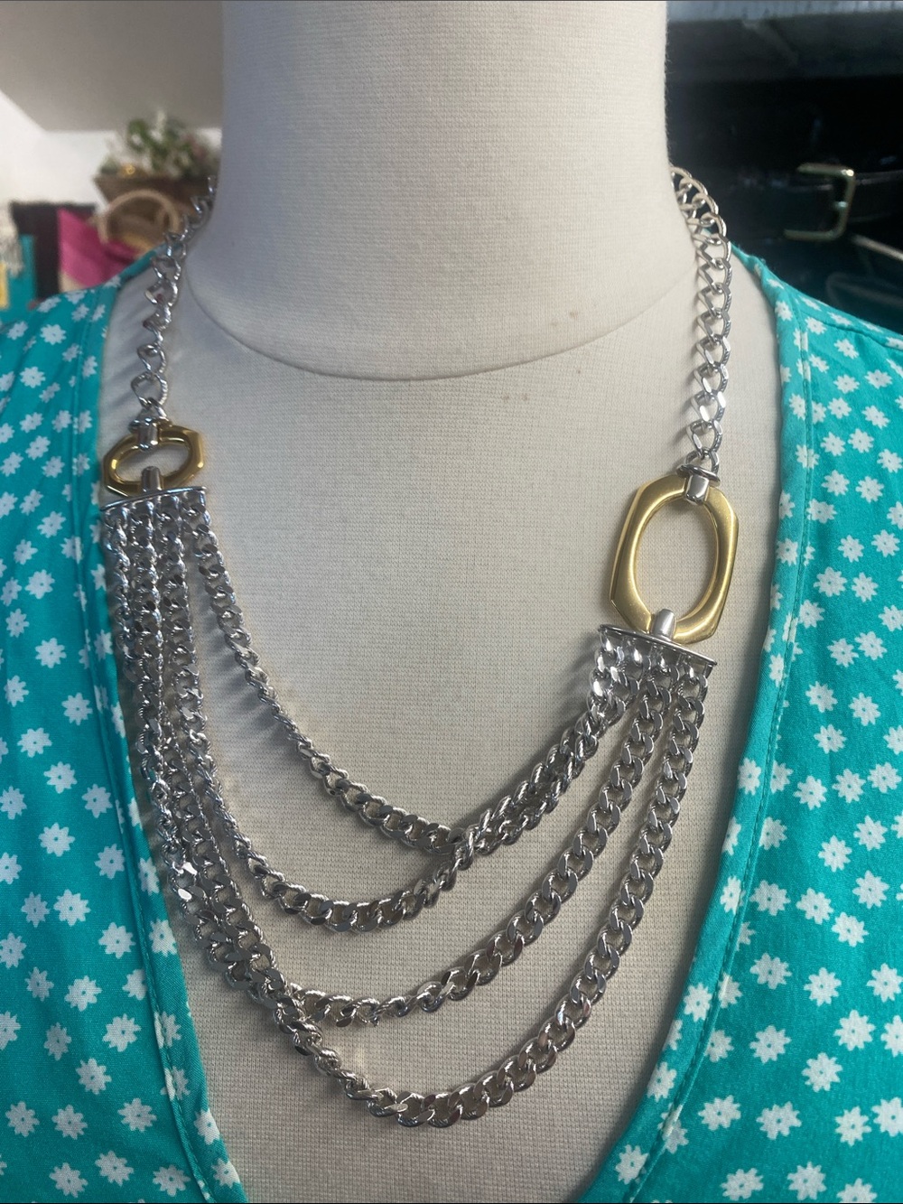 Two-Tone Layered 4 strand Chain Necklace - Silver with Gold Accents